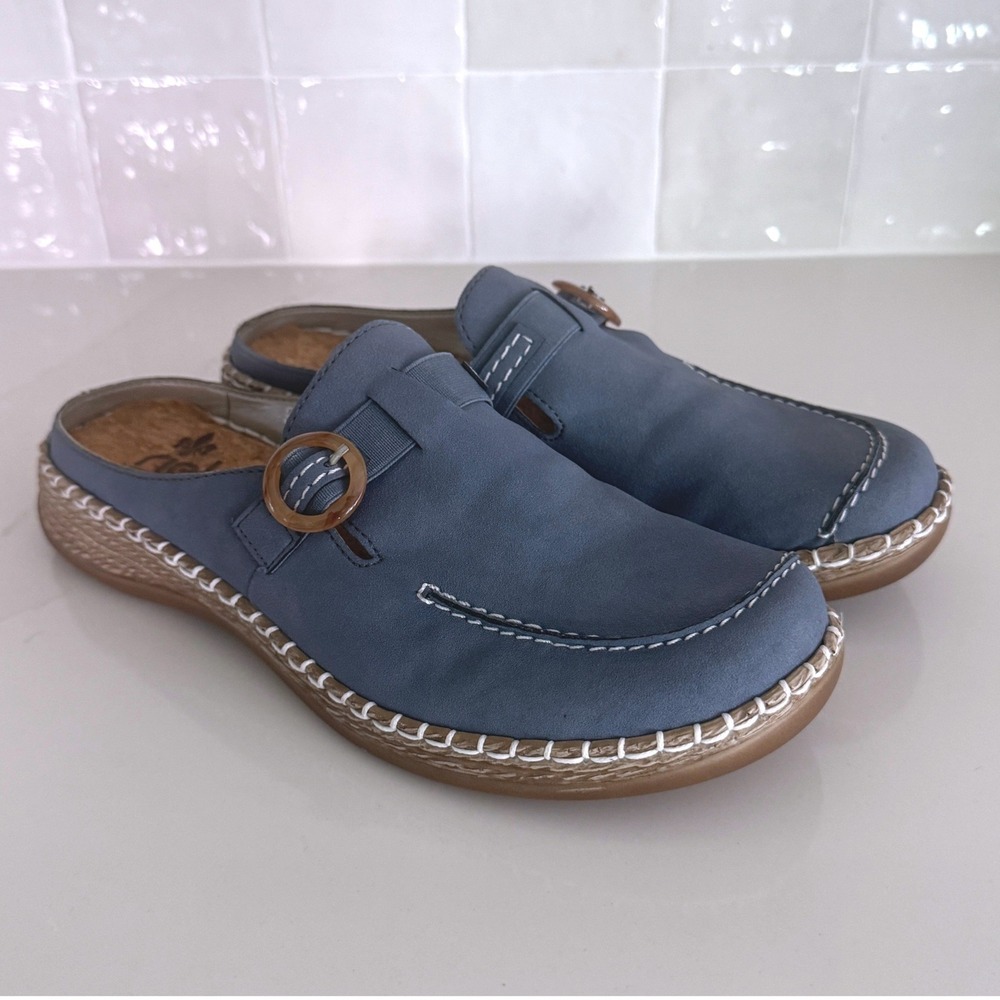 Rieker Antistress Clogs Mules Women 41‎ (10.5) Blue Slip On Buckle Comfort Shoe
